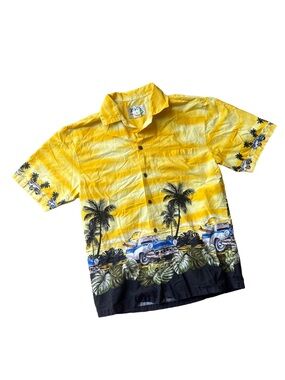 Vintage Ky’s Yellow Tropical Hawaiian Shirt with Car & Palm Print